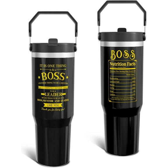 30 Oz Boss Tumbler with Top Handle and Flip Straw, Black Stainless Steel Double Walled Vacuum Insulated Cup, Office Farewell Gifts for Manager, Mentor, Leader Women Men 1PC