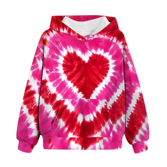 Girl's Tie Dye Hoodies Loose Heart Printed Long Sleeve Teen Hooded Pullovers Trendy Sweatshirts with Pocket