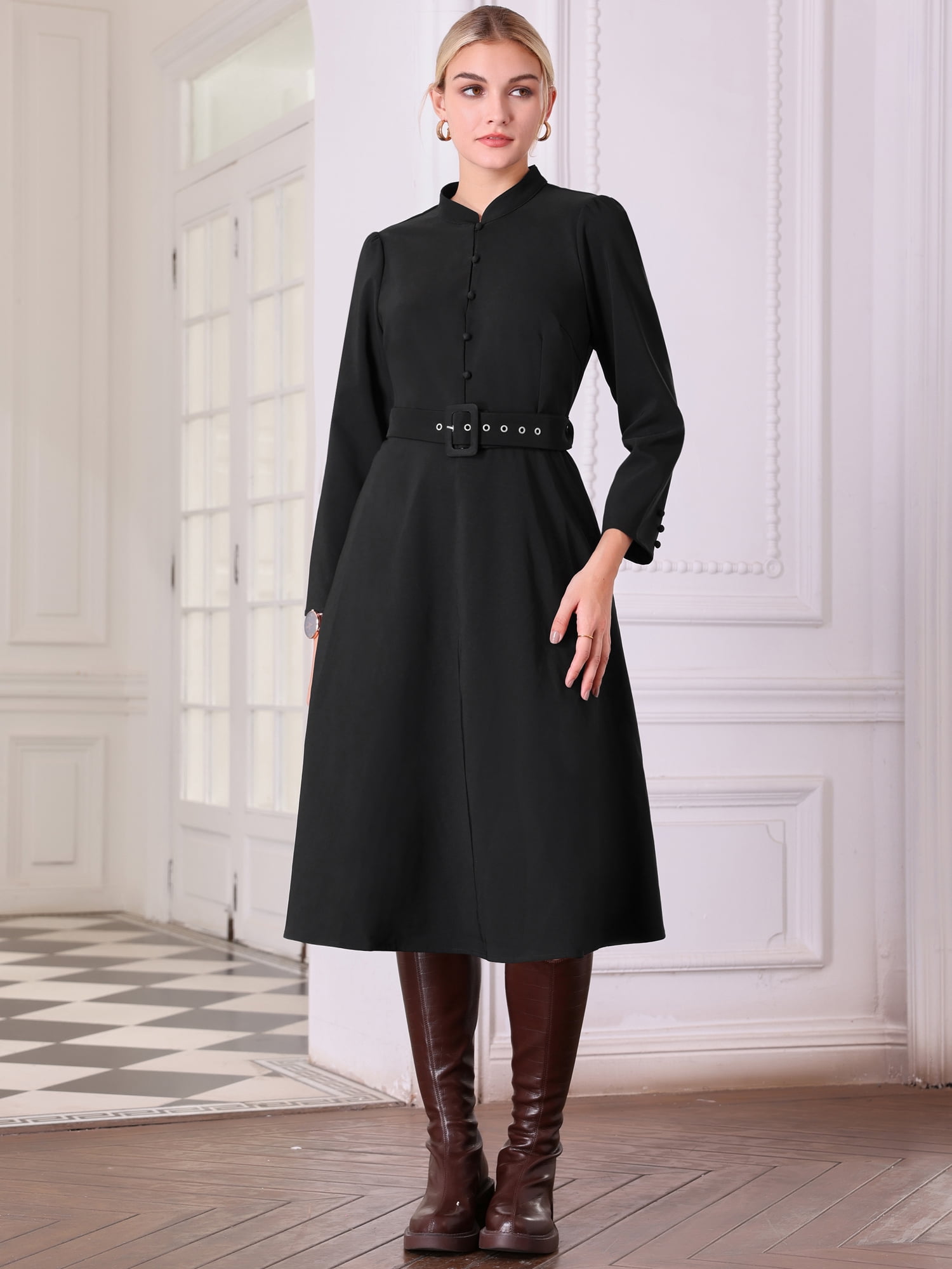 DARING DIVA Long Sleeve Flare Mock Neck Belted Church Dress S Black