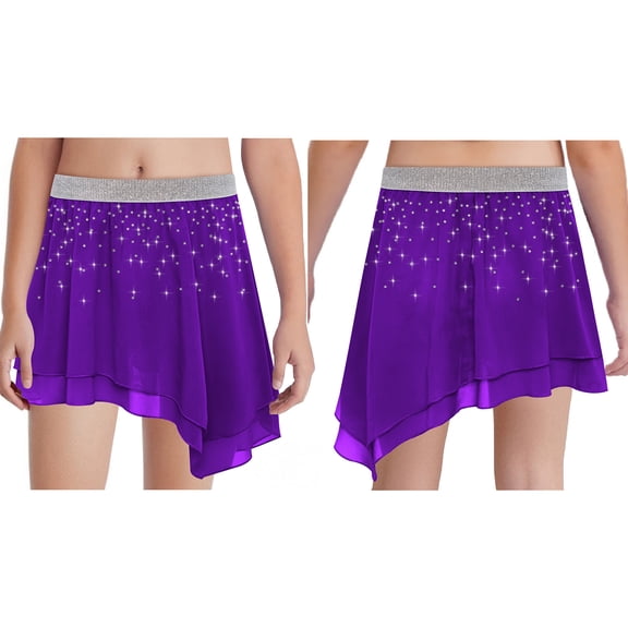 YUUMIN Toddler Girls Elastic Waistband Shiny Pleated Mini Skater Skirt Flared Ballet Dance Skirts 6-16 Years Purple 14
