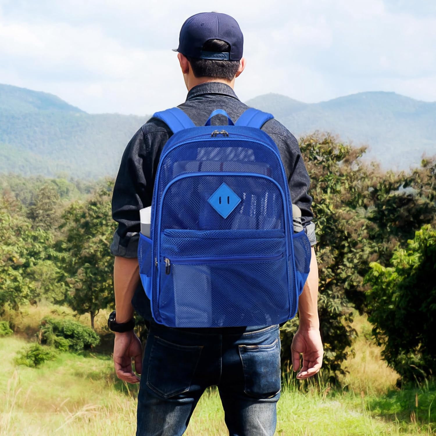 DAKIMOE Mesh Backpack School Backpack Bookbag Heavy Duty See Through Transparent Backpack Stadium Approved Large Capacity with Multiple Compartments Pockets for School Beach Swimming Sports Work