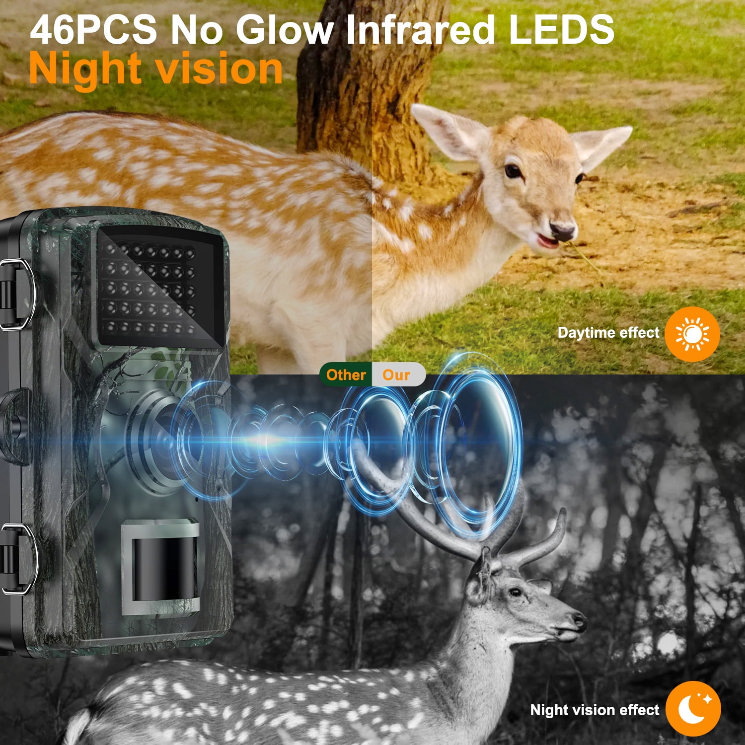 ABCPOW Trail Camera,2.5K 16MP Game Camera with Night Vision Motion, 0.8S Trigger Hunting Camera w/ 32GB TF Card, IP66 Waterproof,46pcs No Glow Infrared Trail Cameras for Outdoor Wildlife