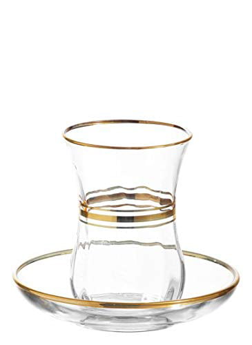 Made in Turkey Beautiful Crystal Clear Glass Teacups Dishwasher Safe LAV Elegant Turkish Tea Glasses and Saucers 4 Ounce Cups with 4 Inch Plates 12 Piece Set Includes 6 Glasses and 6 Saucers