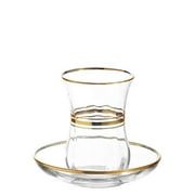 LAV Elegant Turkish Tea Glasses and Saucers | With Gold Rim and Accents, 4 Ounce Cups with 4 Inch Plates, 12 Piece Set Includes 6 Glasses and 6 Saucers, Made in Turkey