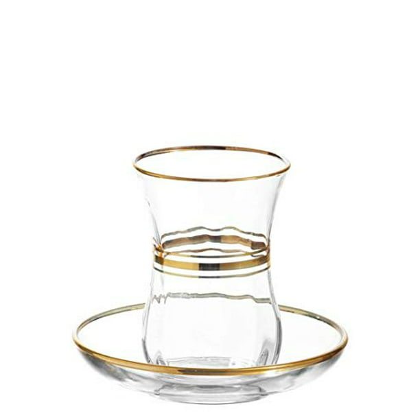 LAV Elegant Turkish Tea Glasses and Saucers | With Gold Rim and Accents, 4  Ounce Cups with 4 Inch Plates, 12 Piece Set Includes 6 Glasses and 6 