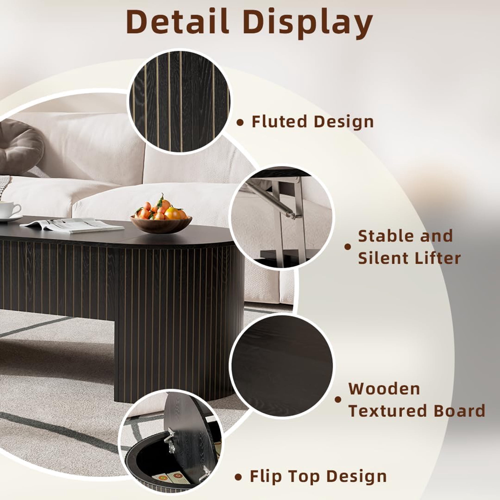 Lift Top Coffee Table with Storage, Oval Center Table with Hidden Compartment, Modern Coffee Table for Living Room, Black