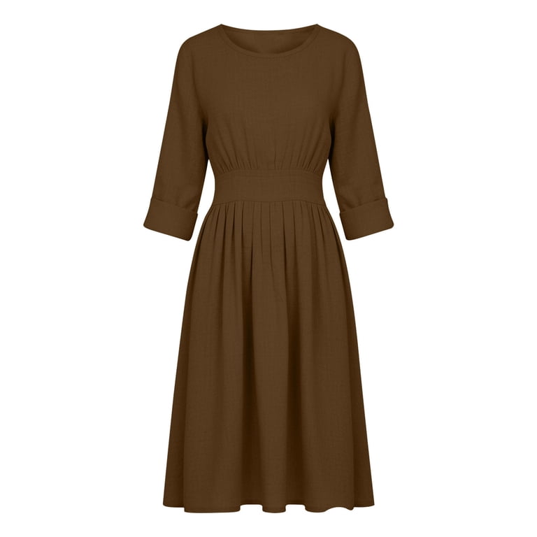 fit and flare cotton dress knee length Bxsruta Womens 3/4 Sleeve Midi Linen Blend Elastic Waist Pull On, Women's, Size: Medium, Brown neckline: high