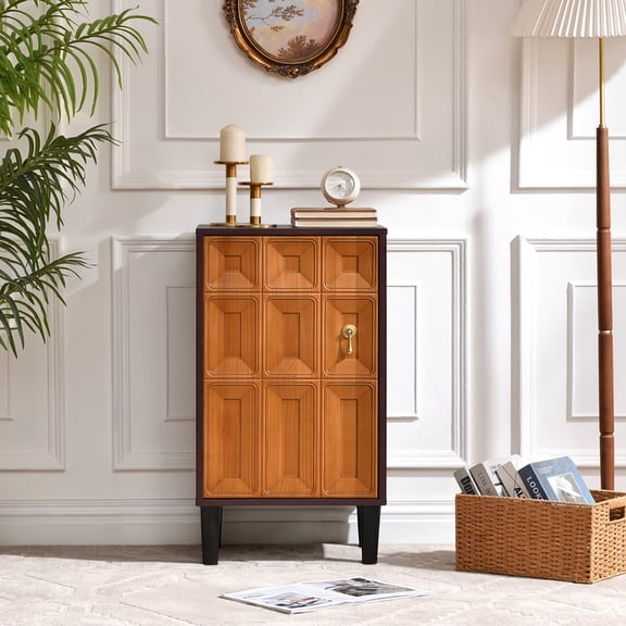 Mid-Century Modern Accent Cabinet, Narrow Storage Cabinet with Geometric Carved Door, Adjustable Shelf, Gold Handle and Raised Legs for Entryway, Living Room or Hallway