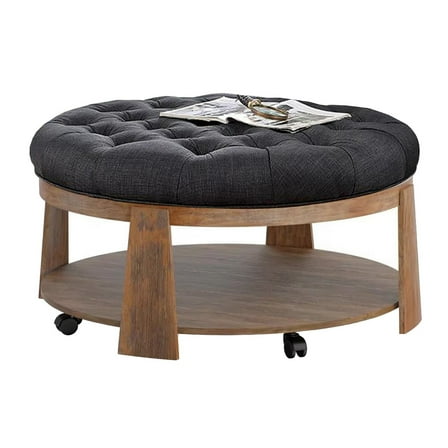 Gus 41 Inch Ottoman Coffee Table- Button Tufted Gray Fabric- Brown Wood