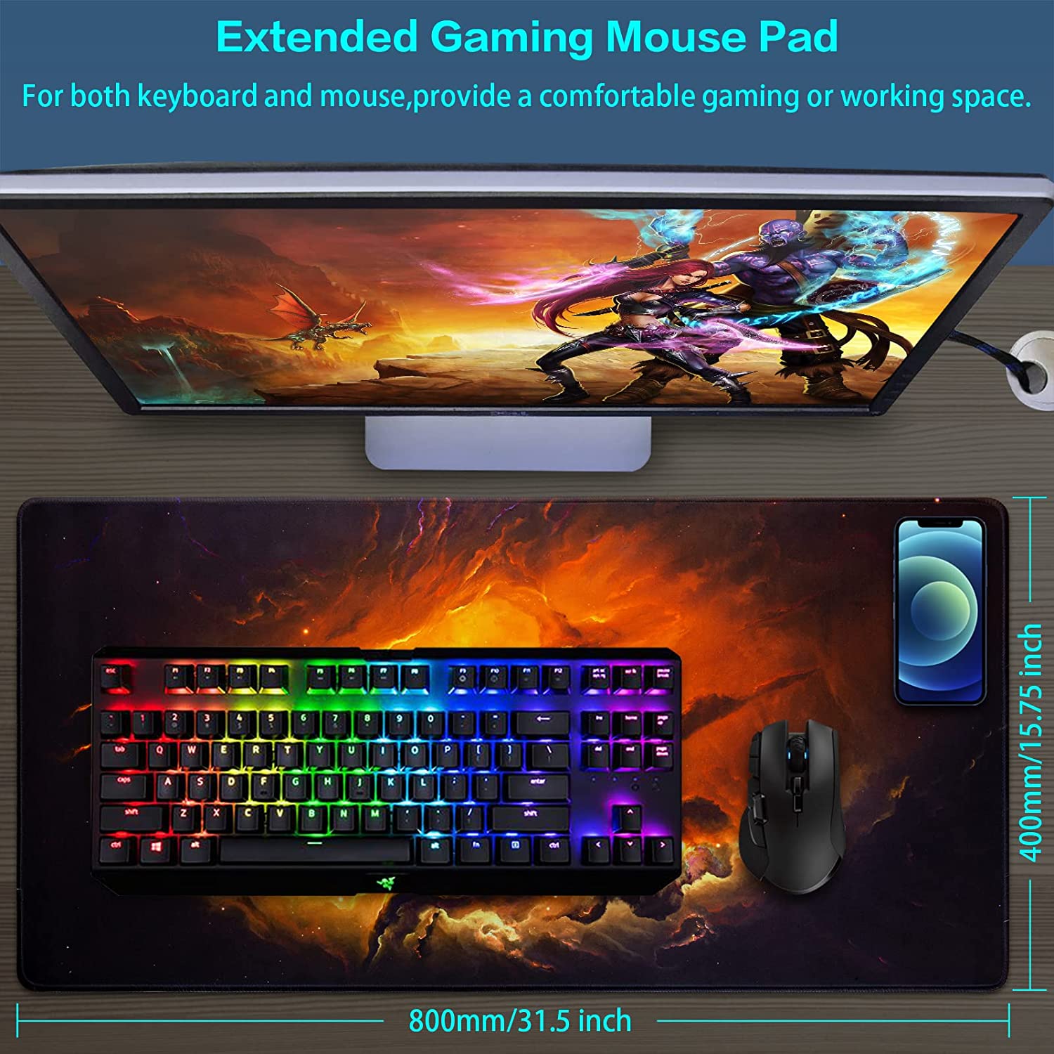 Gaming Mouse Pad, Large Extended Mouse Pad Big Computer Mousepad for Home Office Gaming Work 31.5x15.7inch