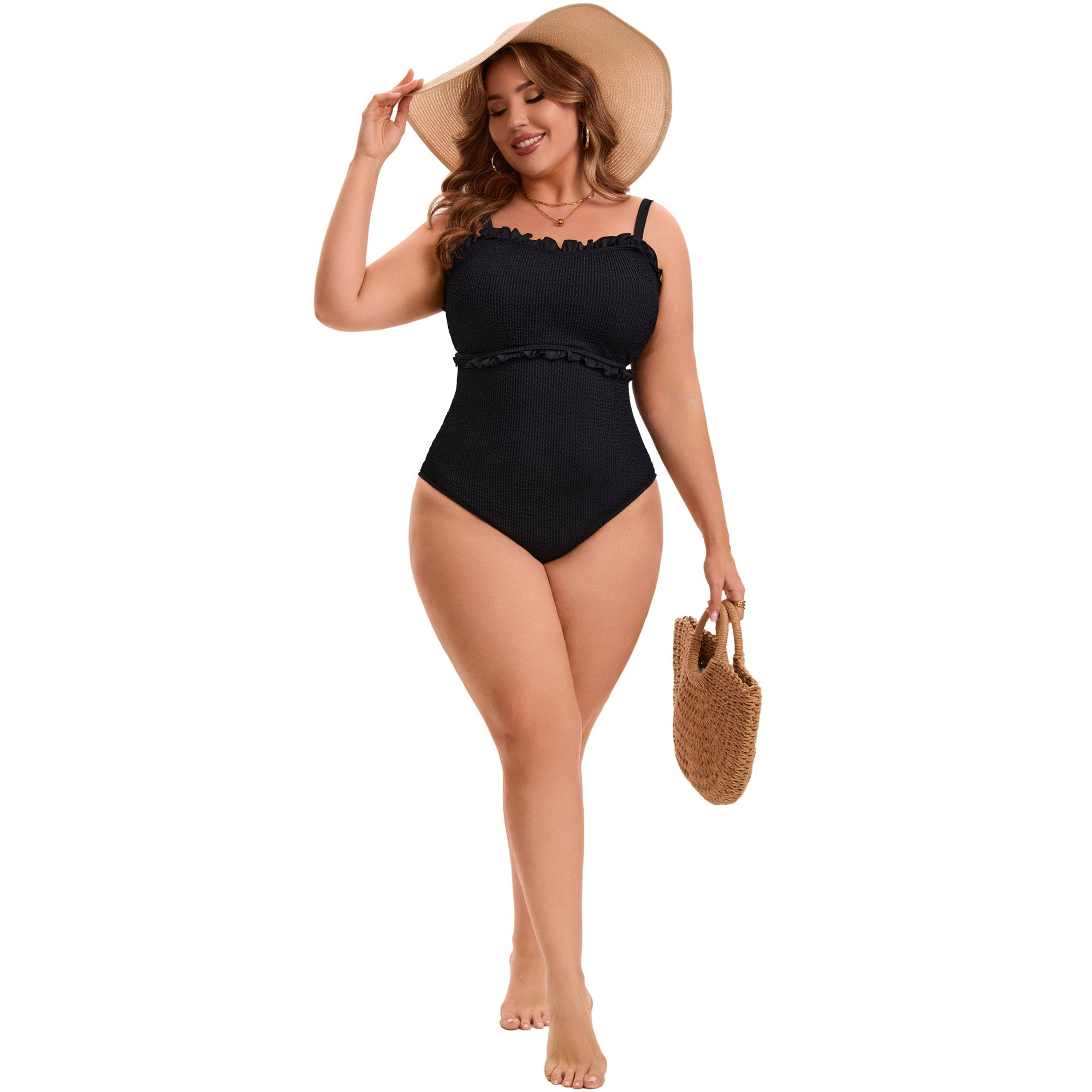 DARING DIVA Women's Plus 1 Pc Bathing Suit Ribbed Monikini Tummy Control 2X Black