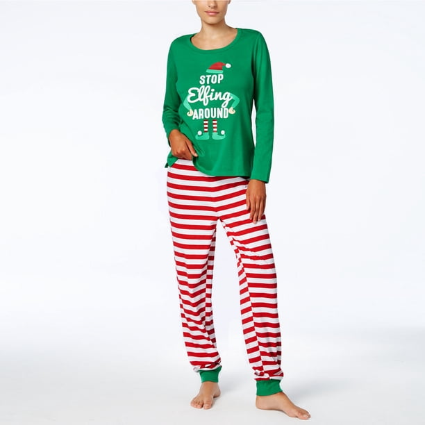 Pantalones De Camisa De Otoño Conjunto de pijama familiar de 2 piezas con cuello redondo y estampado de dibujos animados estilo navideño traje diario Kuymtek Mamá Verde M para Mujer