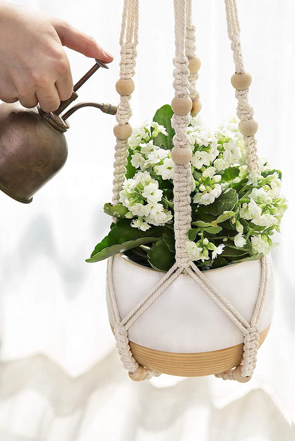 Macrame Plant Hanger Indoor Hanging Planter Basket with Wood Beads 2 Ivory 