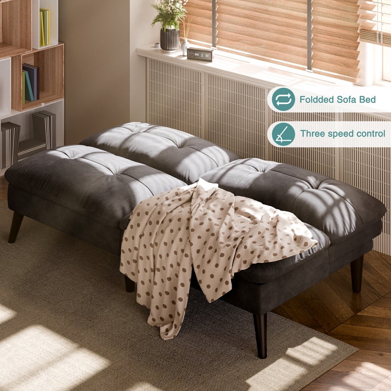 Walsunny 60” 3 in 1 Convertible Sofa Bed, Foldable Sleeper Futon Couch Bed with 3-Angle Adjustment, Soft Dutch Velvet Loveseat Couch for Small Space, Suitable for Relax, Dark Grey