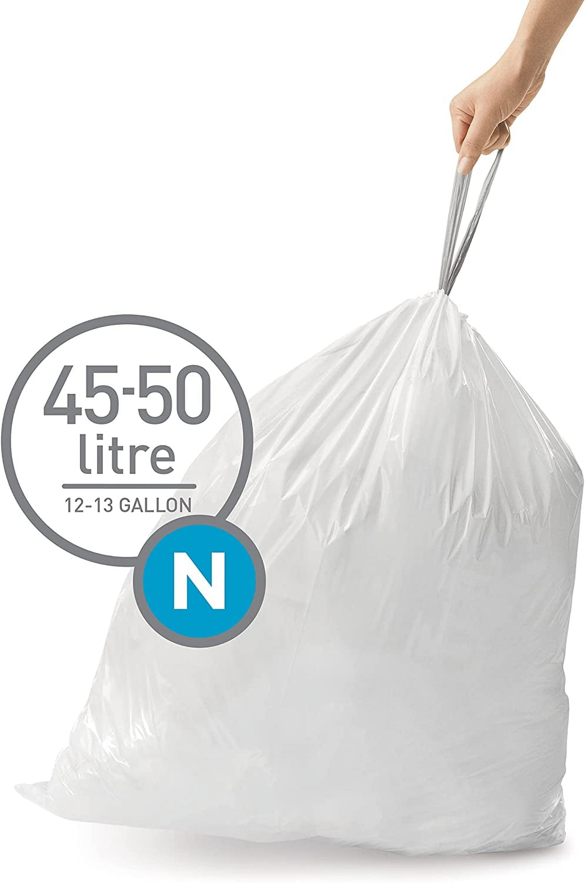 simplehuman Code N Custom Fit Drawstring Trash Bags, 45-50 Liter / 12-13 Gallon, White, 60 Count