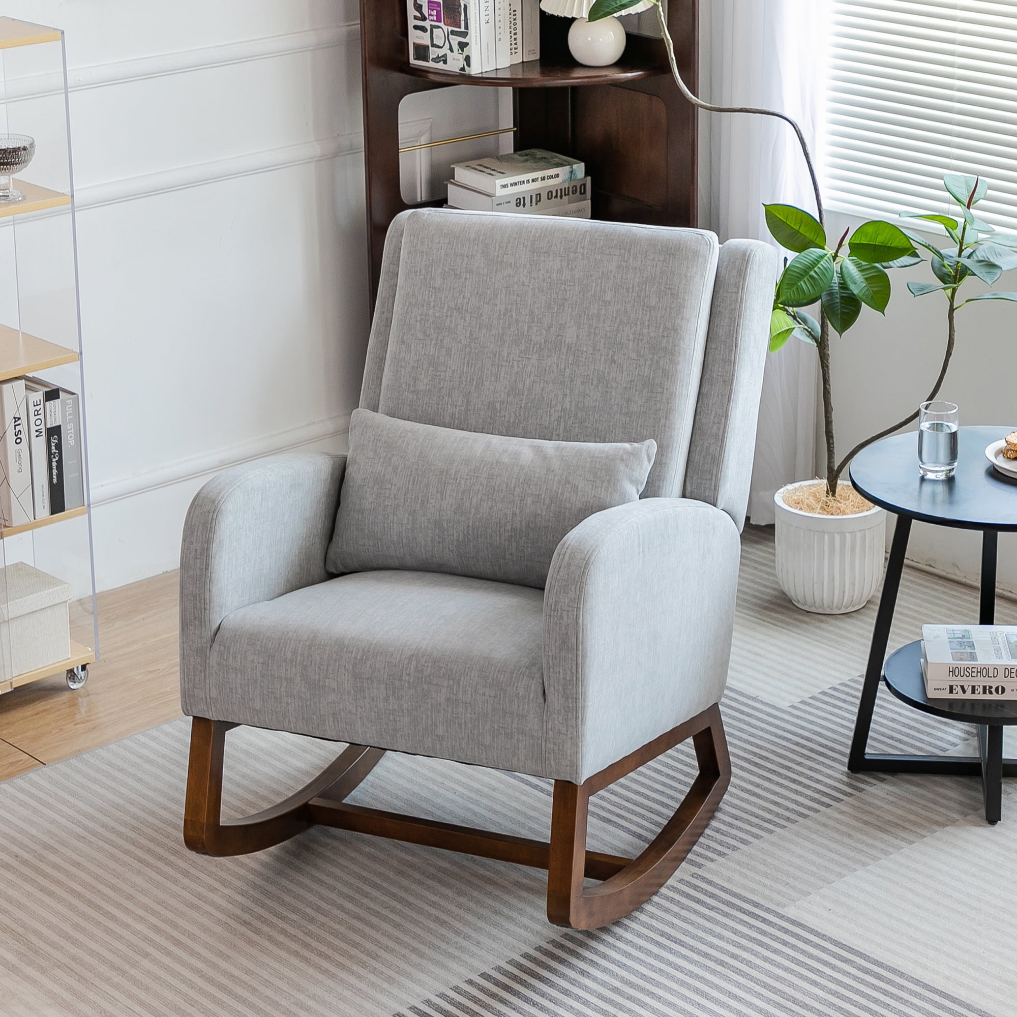 Nursery Rocking Chair, Indoor Upholstered Rocking Chair for Living Room, Modern Glider Rocker Chair w/Pillow, High Back Padded Seat Side Armchair (Grey)