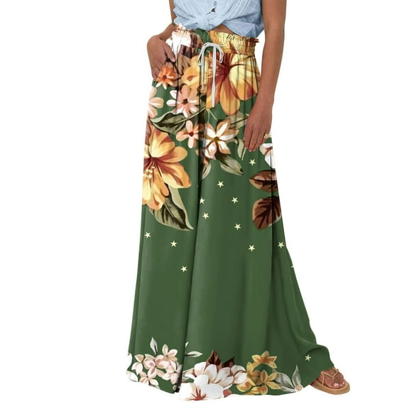 WTOBBY Women's Casual Flowy High Waisted Wide Leg Pants with Pockets Featuring Floral Print,Beach Trousers Perfect for Beach Activities, Poolside Lounging and Summer Waterfront Fun,Army Green L