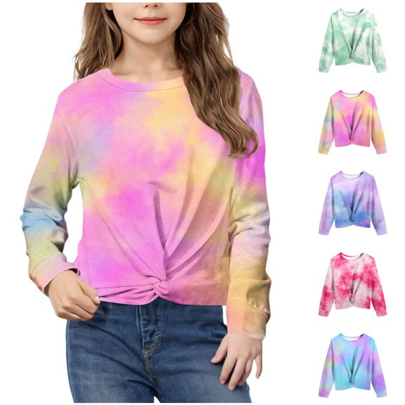 HAOTAGS Girls Tie Dye Print Tops 2025 Fashion Round Neck Long Sleeve Shirts Pink Size 9 Years
