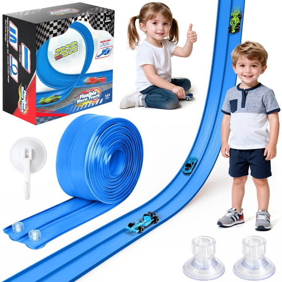 Beefunni Flexible Race Track for Kids, Bendable Track with Suction Cups, Portable & Foldable Indoor/Outdoor Toy, Compatible with Most 1:64 Toy Cars, Creative Gift for Boys & Girls (Blue)