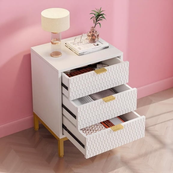 Nightstand with 3 Drawers, Modern Bedside Table with Metal Base - White Hexagon Nightstand for Bedroom, Living Room - Tall End Table with Storage