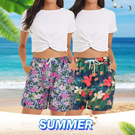Trendfront Women's Graphic Print Elastic Waist Shorts with Pockets Casual Summer Beach Vacation Lounge Shorts