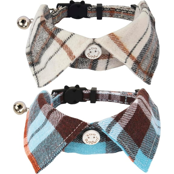Cat Collar Breakaway with Bowtie Bell, Removable Shirt Collar, 2 Pack Beige Blue Plaid Collars for Cat Kitten