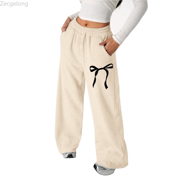 Zecgelong Girl's Bowknot Baggy Sweatpants Cute Straight Leg Athletic Pants With Pockets Clothes For Teen Girls Size Beige 4-5 Years