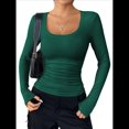 thumbnail image 2 of Camisas de Larga con Cuello Redondo para Mujer, Blusas Informales de Punto Acanalado de Corte Ajustado, Camisetas Básicas de Trabajo para Verano y Otoño. Verde Oscuro L, 2 of 9