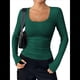 thumbnail image 2 of Camisas de Larga con Cuello Redondo para Mujer, Blusas Informales de Punto Acanalado de Corte Ajustado, Camisetas Básicas de Trabajo para Verano y Otoño. Verde Oscuro L, 2 of 9