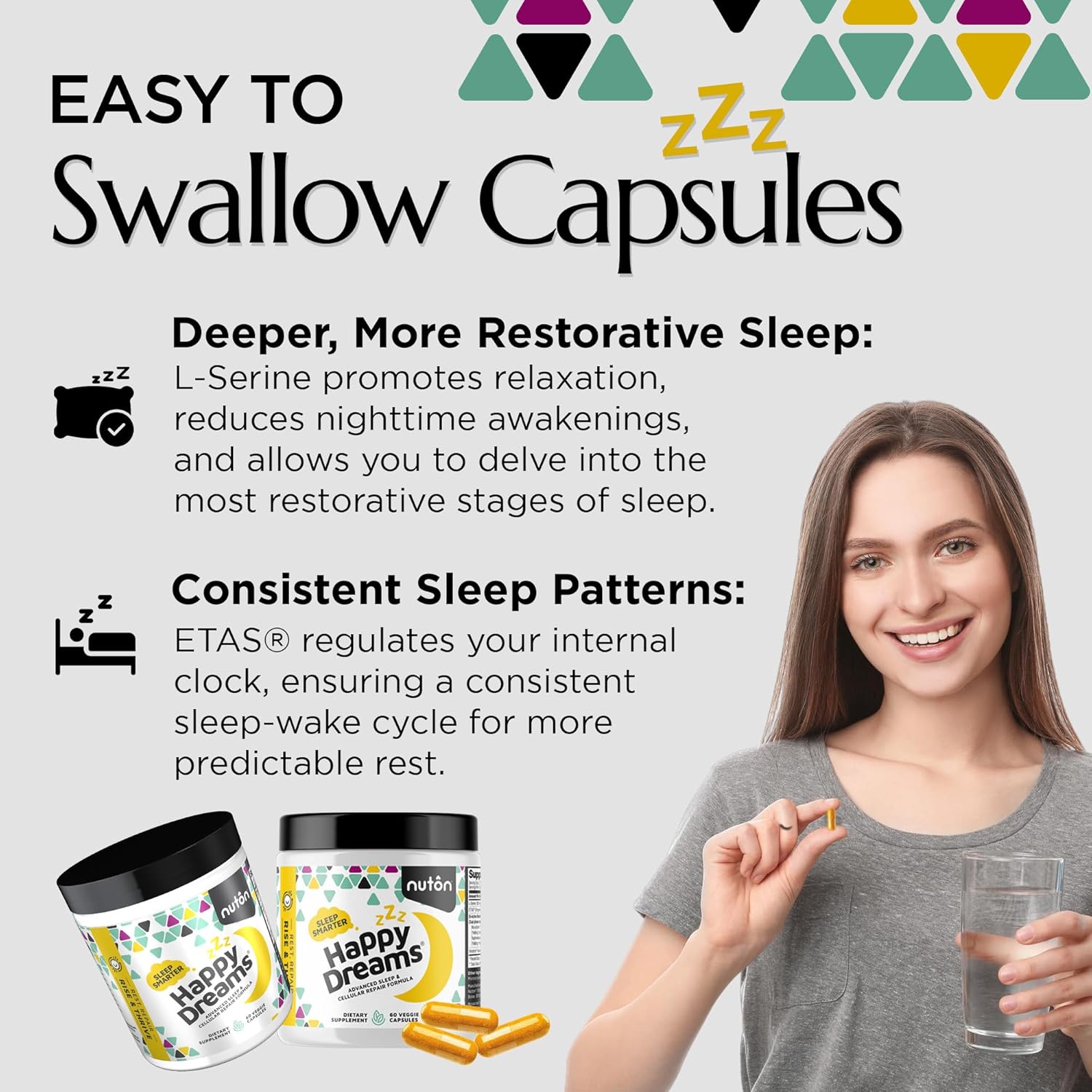 Nuton Happy Dreams Sleep Supplement - Natural Sleep Aids for Adults, Time Release Melatonin, ETAS Asparagus & Venetron Extract, Rest Support Supplement, Natural Aid for Adults, 60 Veggie Capsules