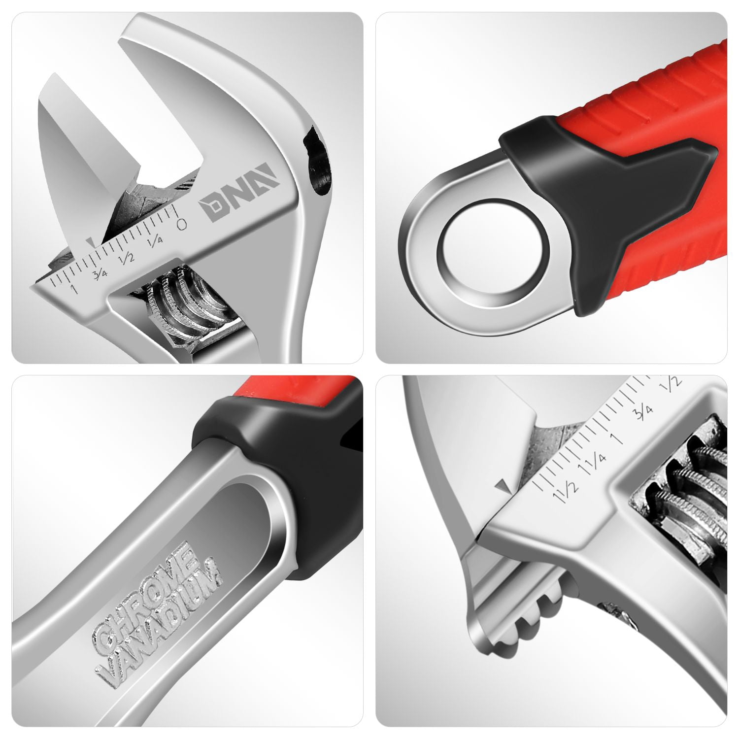 8"+12" Durable 1-1/4" / 1-5/8" Jaw Opening Adjustable Wrench W/Rubberized Grips