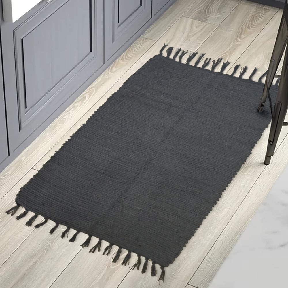 2’ x 4’4’’ Grey Runner Rug with Anti Slip Rug Pad, Cotton Hand Woven