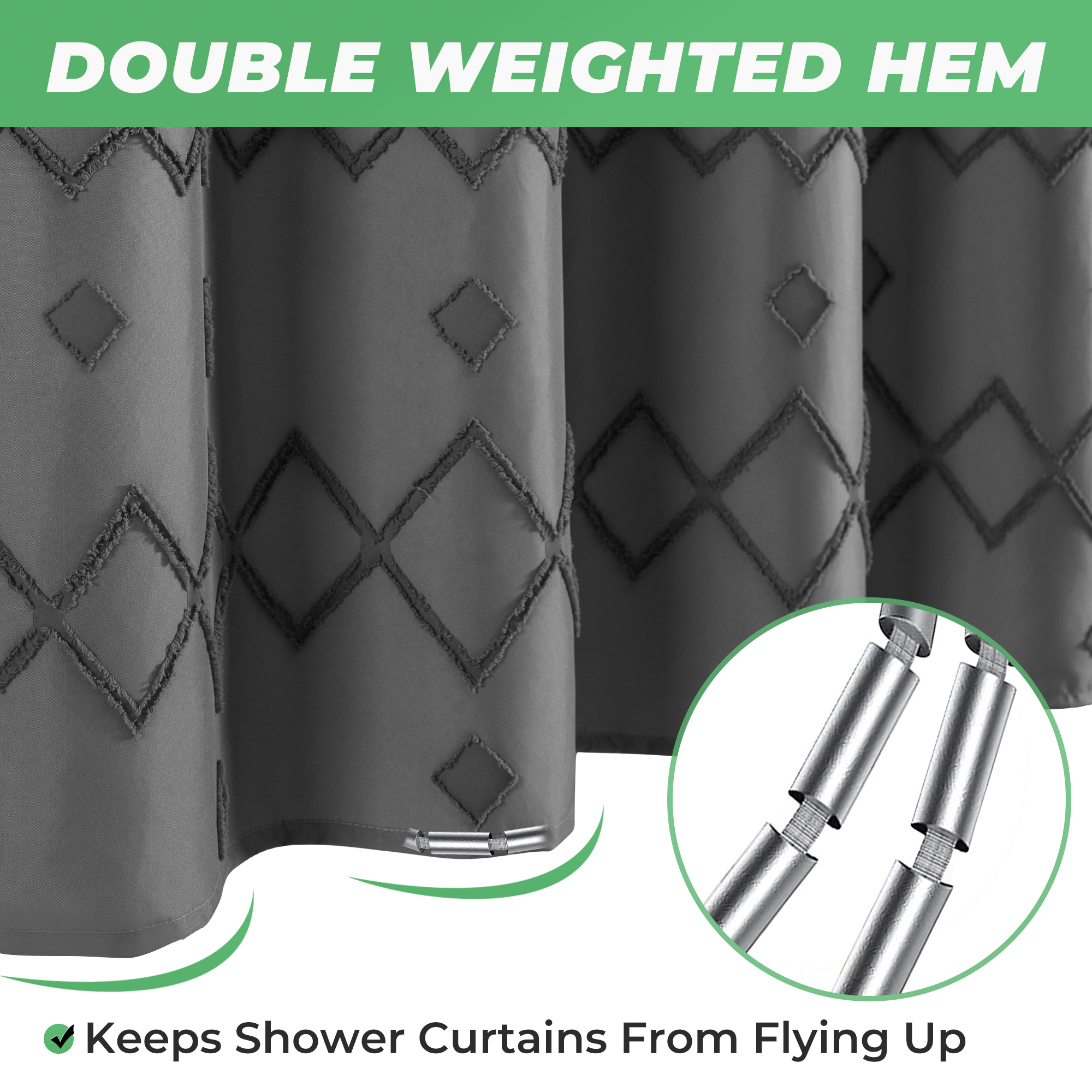 Seasonwood Gray Shower Curtain with Hooks,Extra Long Heavy-Duty Weighted-Hem Fabric Bathroom Curtain,Water-Repellent, Machine-Washable,72"x96"