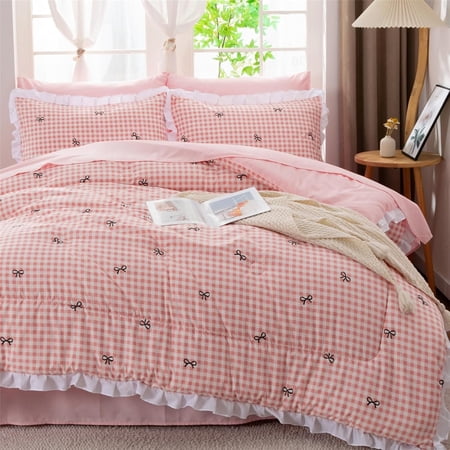 Gingham Comforter Set for Girls, Ruffled Bedding Sets,5 Pieces Checkered Bow Bed in a Bag