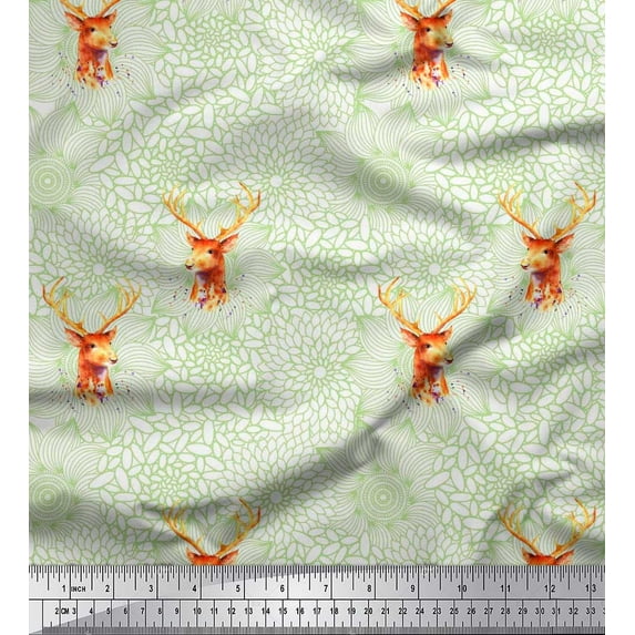 Soimoi polyester Crepe Fabric Artistic Flower & Reindeer Face Animal Print Sewing Fabric Yard 52 Inch Wide