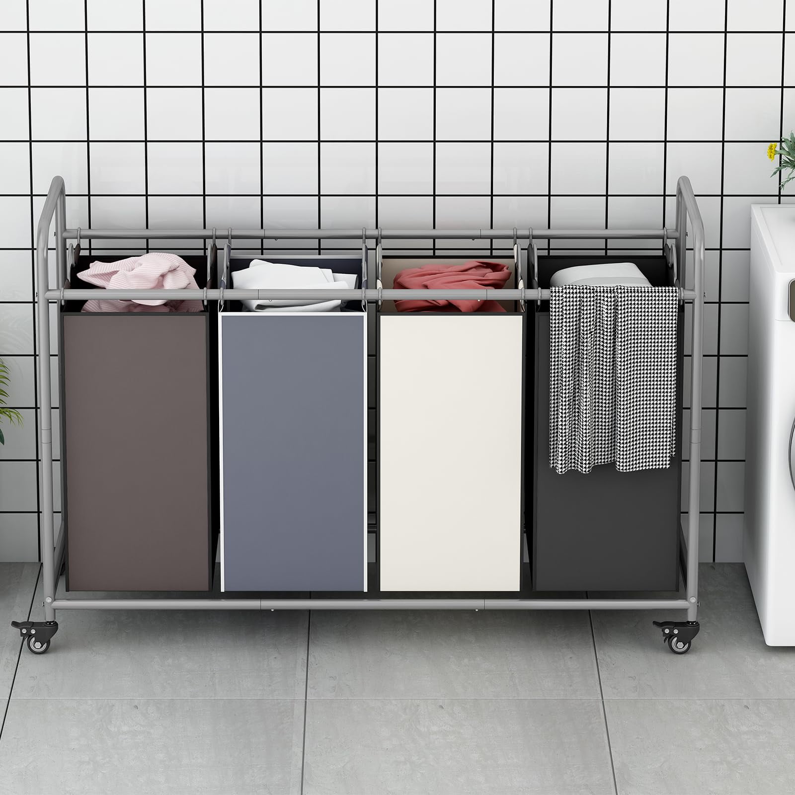 4 Bag Laundry Basket Sorter Laundry Hamper Cart with Heavy Duty Rolling Lockable Wheels and Removable Bags Organiser