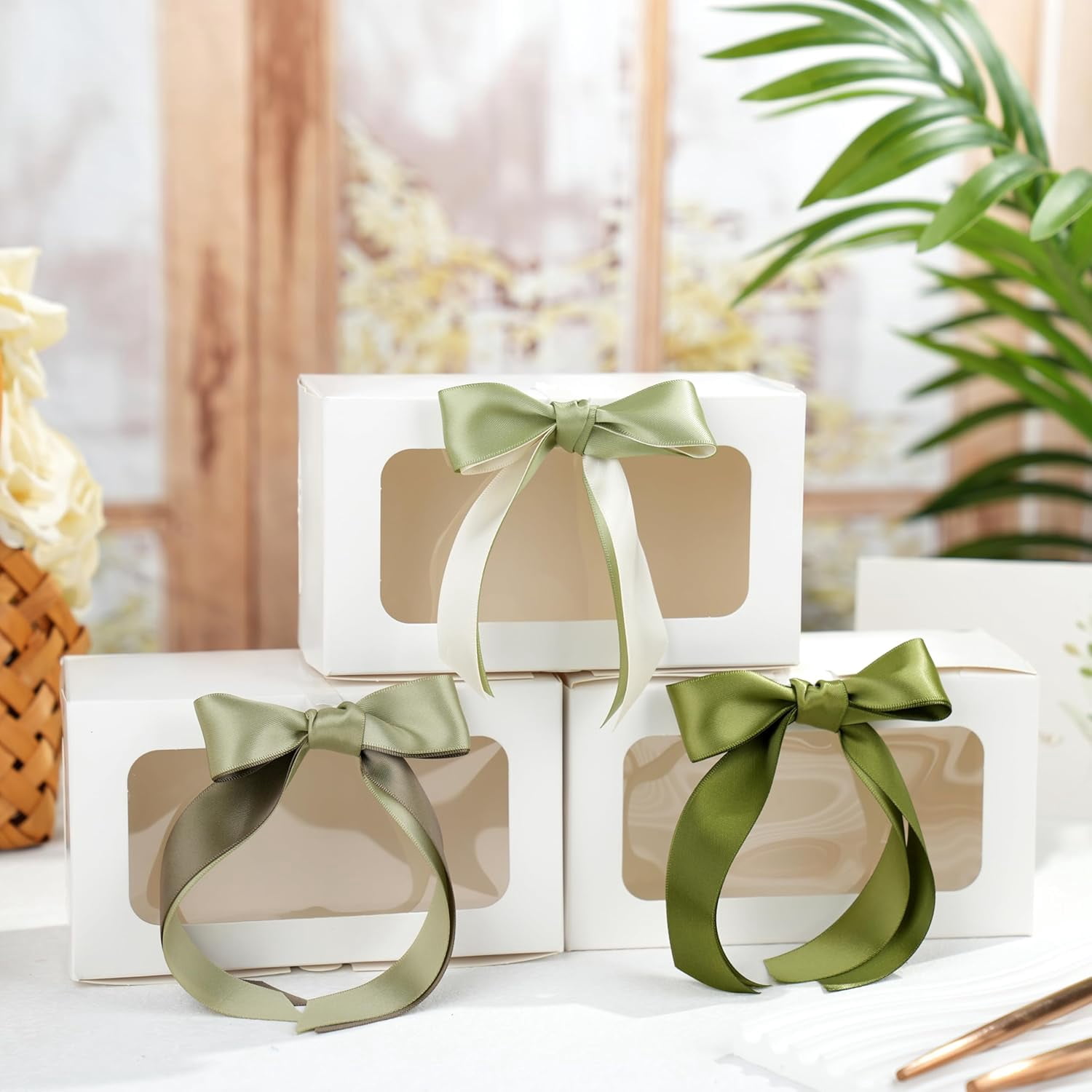 Sage Green Ribbon 1 Inch Double Face Satin Ribbon, 6 Rolls 60 Yards Moss Green Polyester Ribbon for Wedding, Baby Shower, Gift Wrapping, Hair Bows, Bouquets, Crafts