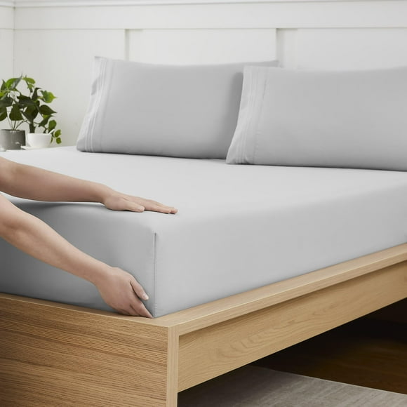 Queen Fitted Sheet Only with Full Elastic & Built in Corner Sheet Straps to Prevent Shifting - Soft & Breathable Brushed Microfiber Bottom Sheet Queen Silver