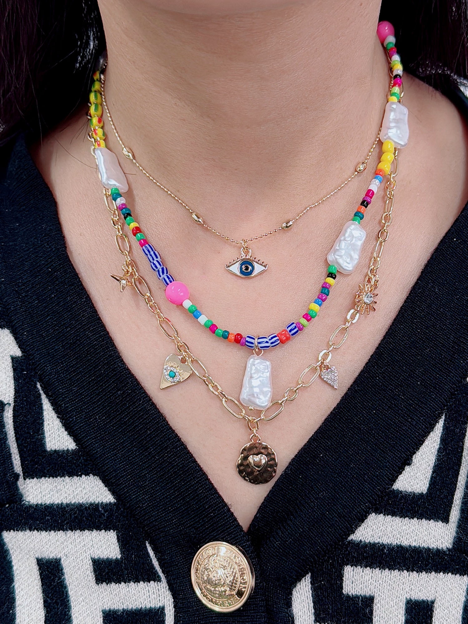 No Boundaries Multi Color Beaded with Evil Eye Gold Plated Necklace for Female Adults and Teens, 3 Pack