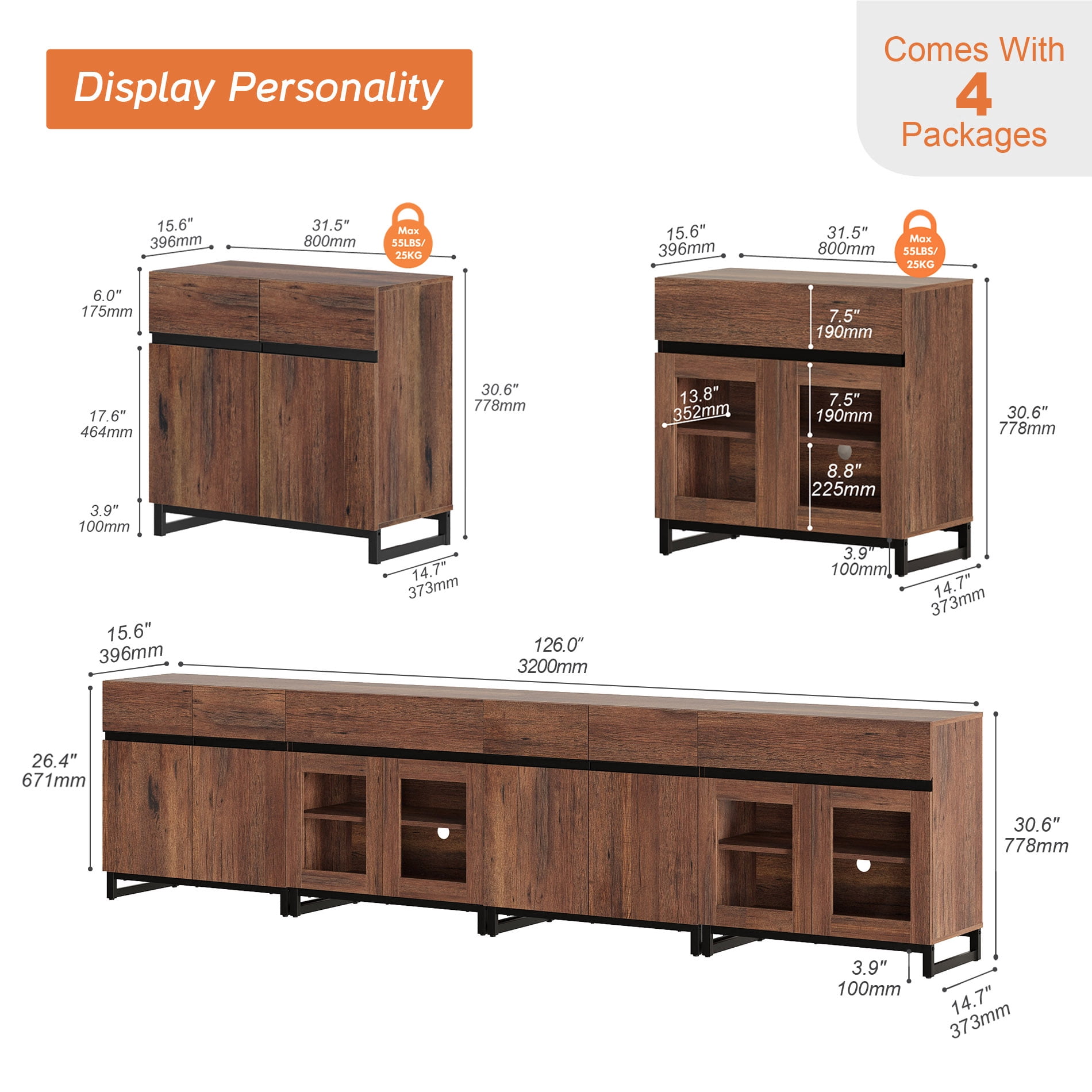 Modern TV Stand For Tvs Up To 120 Inches, 4 In 1 TV Console With Glass Doors And 2 Drawers, Media Console With Adjustable Shelf For Living Room,Brown