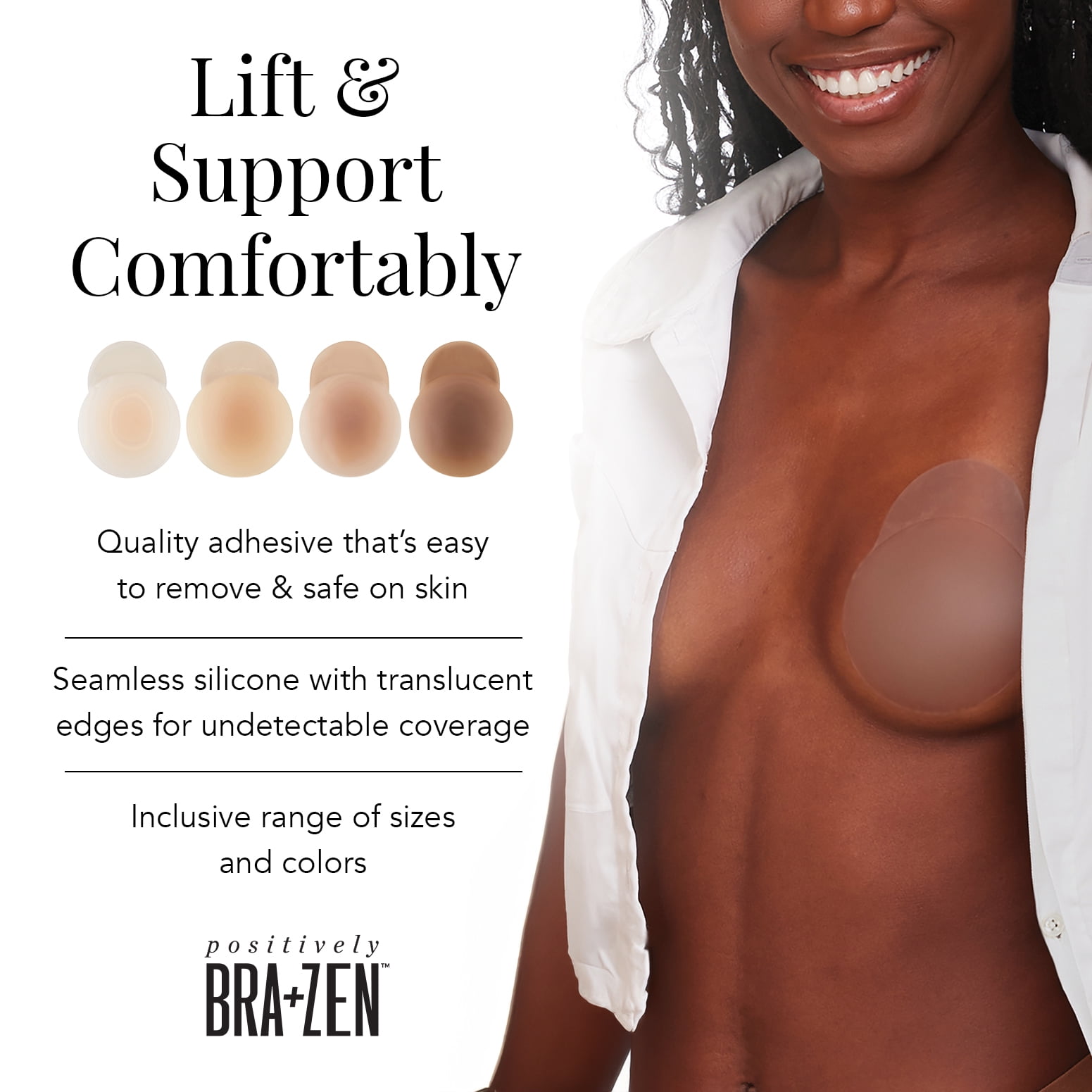 Positively BRA+ZEN Reusable 100% Silicone Breast Stick-on Adhesive Nipple Cover Pasties with Lift Tab