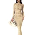thumbnail image 2 of Vestido Ajustado de Otoño para Mujer, de Larga, con Cuello Redondo Fruncido y Corte Entallado, Vestido de Cóctel para Fiesta Caqui L, 2 of 7
