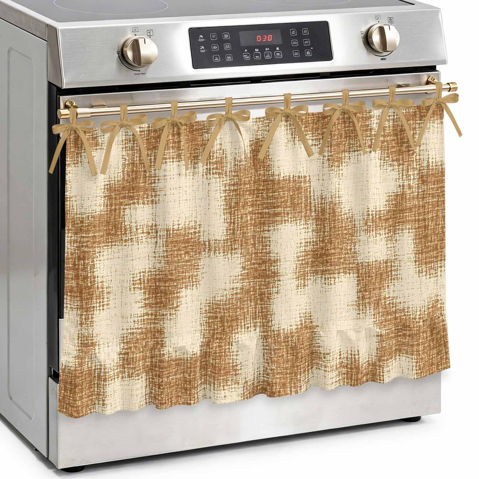 Brown Patchwork Oven Skirt Curtain Kitchen Stove Skirt Cover with Tie Top Farmhouse Vintage Plaid Linen Texture Decorative Cabinet Cover Dishwasher Curtain for Farmhouse Decor 27x20 Inch