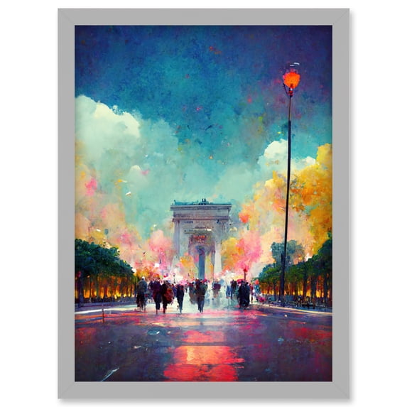 Colourful Champs-Elysees And Arc De Triomphe Modern Artwork Framed Wall Art Print A4