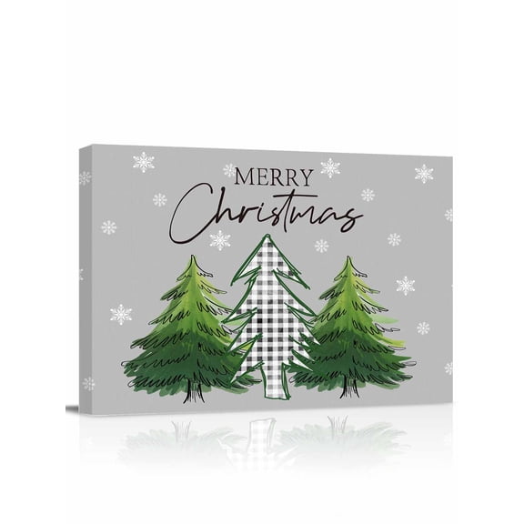 Merry Christmas Canvas Print Wall Art Green Plaid Xmas Tree Winter Snowflakes Grey Pictures Painting Morden Artwork for Living Room Bedroom, Ready to Hang - 12"x16"