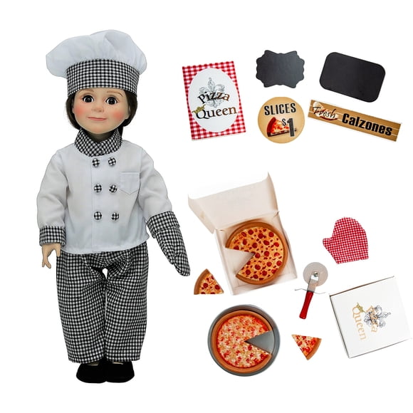 The Queen's Treasures 18 Doll 20 Piece American Pizza Party Accessory Set with Shop Signs and Chef's Outfit. Perfect for Girl or Boy Dolls Doll NOT Included