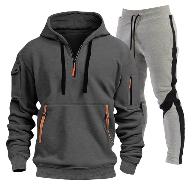 Ketyyh-chn99 Men Sweatsuit 2 Piece Set Hoodies And Sweatpants Sets Men's Sports Two Piece Solid Color Multipocket Half Zipper Hooded Sweater Color Matching Waist Casual Pants Size for 2XL,Dark Gray