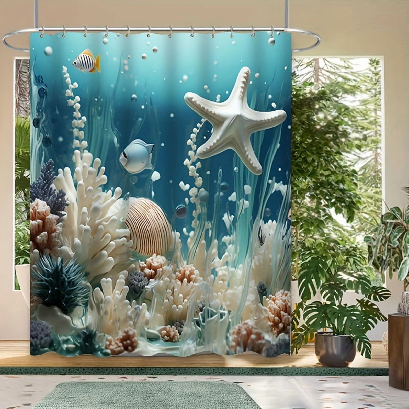 4pcs Ocean Series Blue Coral Shower Curtain Set Decorative Bathroom Set Waterproof Shower Curtain Non slip Floor Mat Toilet Lid Bathroom Mat and 12 Plastic Hooks Bathroom Accessories Home Decor