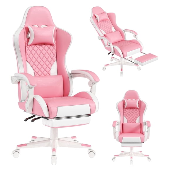Gaming Chair,Ergonomic Computer Chairs for Adults with Footrest, PU Leather Office Chair with Adjustable Lumbar Support & Pocket Spring Cushion - Heavy Duty 400lb Capacity Gamer Chair (Pink)