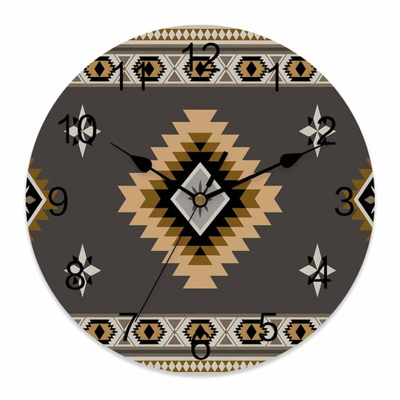 Wall Clock Grey Tribal Geometric Clocks PVC Silent Non-Ticking Battery Operated Decorative Vintage Boho Native Abstract Round Clock for Home Living Room Kitchen Bedroom Office Wall Decor 10 Inch
